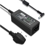 Black external power adapter with a DC barrel connector and a detachable European-style plug, shown from above with cables extending from both ends