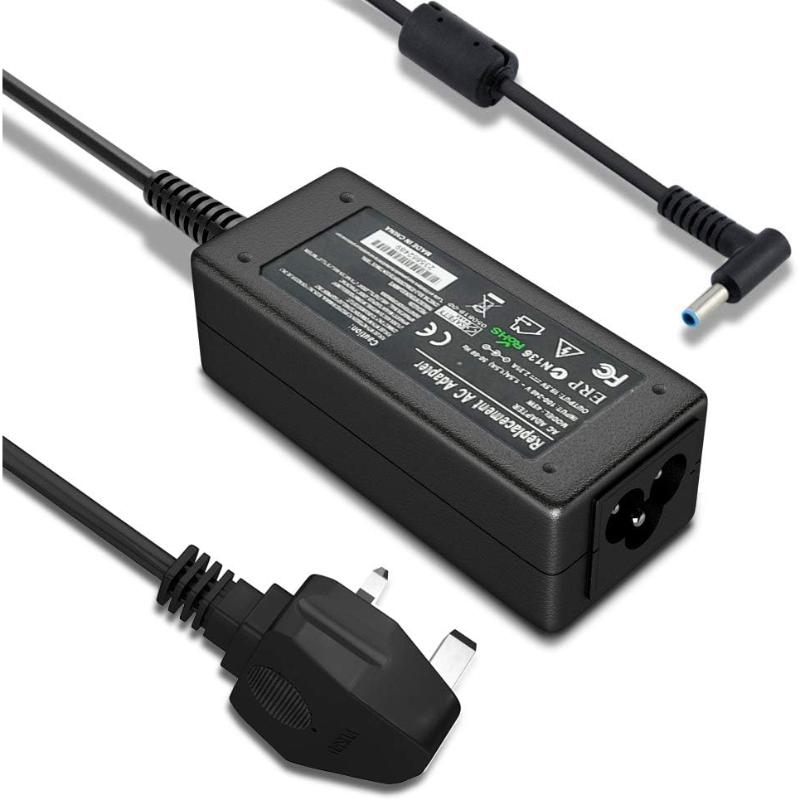 Black external power adapter with a DC barrel connector and a detachable European-style plug, shown from above with cables extending from both ends
