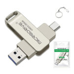 Metal USB-C to USB-A adapter with a swiveling cap, shown with a small keychain and a packaging for a 256GB USB flash drive
