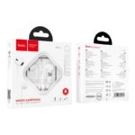 Front and back view of Hoco wired earphones packaging for Type-C with microphone, white boxes with red branding and a clear window showcasing the earphones.
