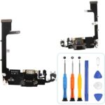 Smartphone repair parts set: two black flex cable assemblies and a small circuit board, plus a blue precision toolkit including three screwdrivers, a blue spudger, and opening picks.