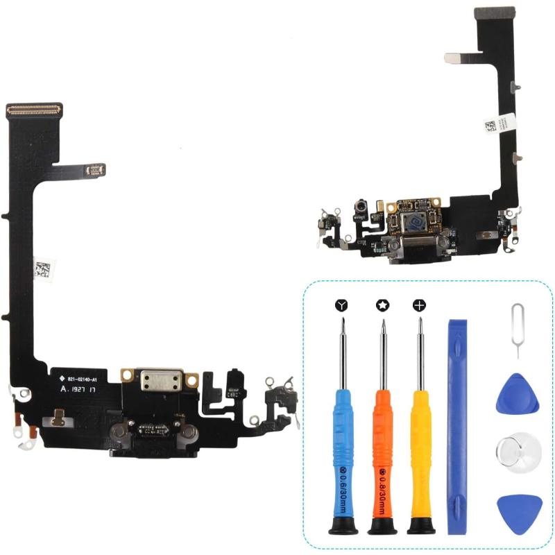 Smartphone repair parts set: two black flex cable assemblies and a small circuit board, plus a blue precision toolkit including three screwdrivers, a blue spudger, and opening picks.