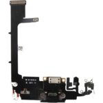 Black smartphone internal flex cable assembly featuring a metal charging/data port at the bottom and various tiny connectors; used as a replacement charging/connector flex for a phone.