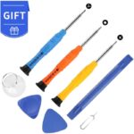Electronics repair toolkit with three insulated screwdrivers, blue and orange handles, blue plastic pry tools, suction cup, and SIM card ejector—presented as a gift set.
