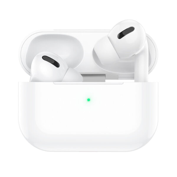 White wireless earbuds in an open charging case with a green status light