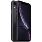 Black iPhone shown from front and back in a dark finish front screen on with abstract wallpaper and a single rear camera visible on the back