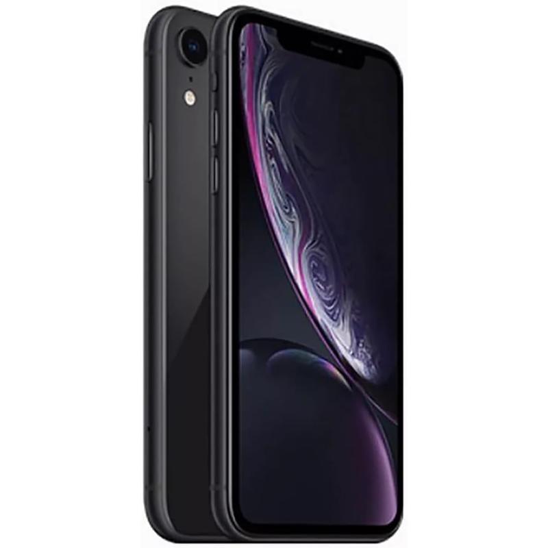 Black iPhone shown from front and back in a dark finish, front screen on with abstract wallpaper and a single rear camera visible on the back.