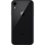 Back view of a black iPhone showing the camera in the top left Apple logo in the center and the word iPhone toward the lower half
