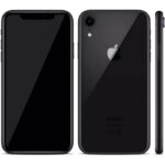 Front and back views of a black iPhone front shows notch back shows single camera Apple logo and iPhone text