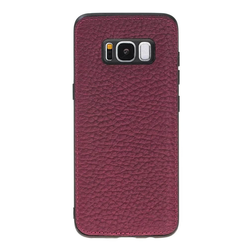 Burgundy leather-textured back cover for a smartphone, with camera cutout and black bumper edge.