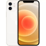 White iPhone with a dual camera rear shown from back and front with orange circular wallpaper on the screen