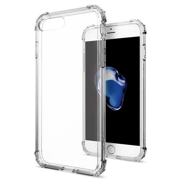 Transparent protective case for an iPhone, shown both attached and separated to reveal the clear, two-piece shell side and back.