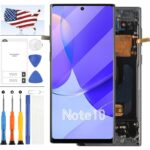 Note 10 repair kit with front display panel attached to a smartphone frame back housing exposed plus repair tools screwdrivers picks suction cup adhesive strips and US map image in the background to indicate parts included