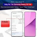 Promo banner for Samsung Galaxy S21 5G two phones shown left device screen displays About phone details and model info