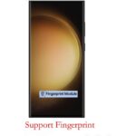 Black smartphone displaying a fingerprint module label on the screen with the caption Support Fingerprint below
