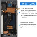 Internal view of a smartphone with the screen removed showing the battery flex cables and frame components on the right a blue banner reads WITH FRAME and bulleted text explains benefits of using a frame when replacing the screen