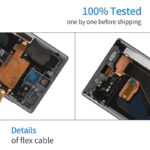 Split view of smartphone internals showing flex cables and circuit boards with a top banner 100 Tested  one by one before shipping and a bottom detail label Details of flex cable