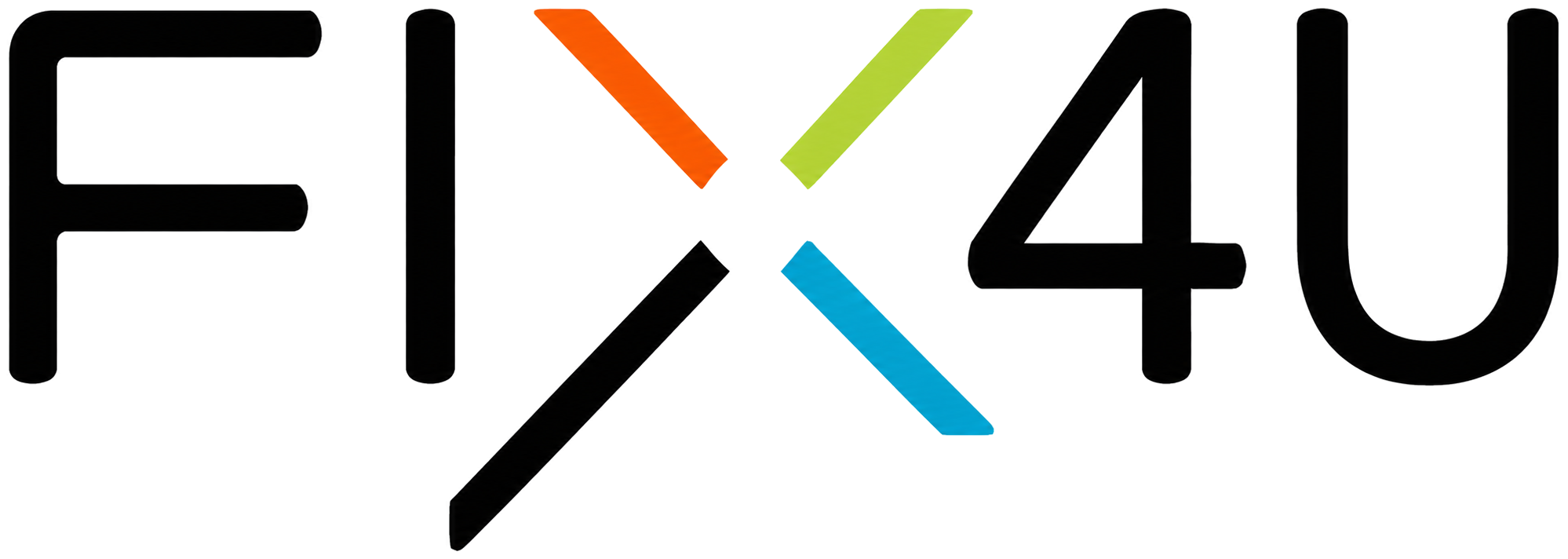Logo for FIX4U with a stylized X made of orange lime and blue strokes between FI and 4U