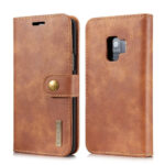 Brown leather flip phone case with magnetic strap front shows card slot and snap back shows camera cutout