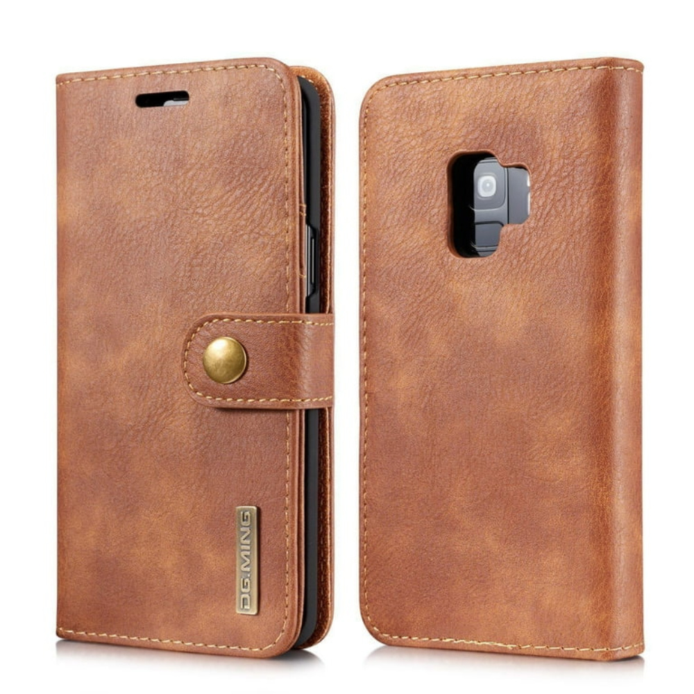 Brown leather flip phone case with magnetic strap; front shows card slot and snap, back shows camera cutout.