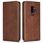 Brown leather wallet style phone case shown from front and back with camera cutout on the rear
