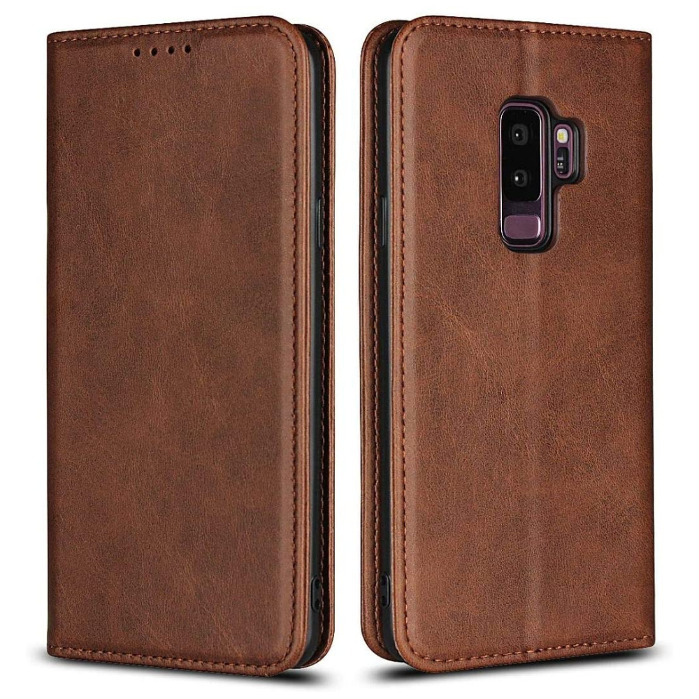 Brown leather wallet-style phone case, shown from front and back, with camera cutout on the rear.
