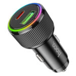 Black car charger with two USB ports and a glowing RGB ring around the top branded Anker designed for in car charging