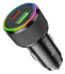 Black car charger with two USB ports and a glowing RGB ring around the top branded Anker designed for in car charging