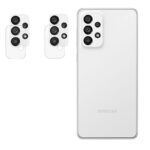 Back view of a Samsung smartphone with a multi lens rear camera module shown with two magnified inset diagrams highlighting camera lenses on white background