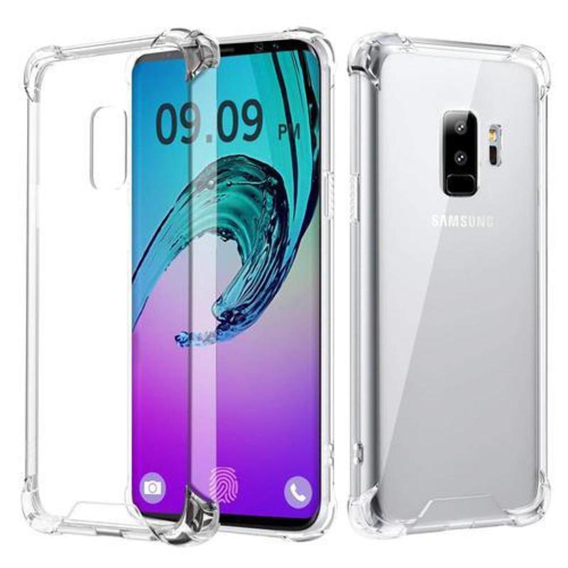 Clear protective case for a Samsung Galaxy phone shown from both front and back, highlighting camera and button cutouts.
