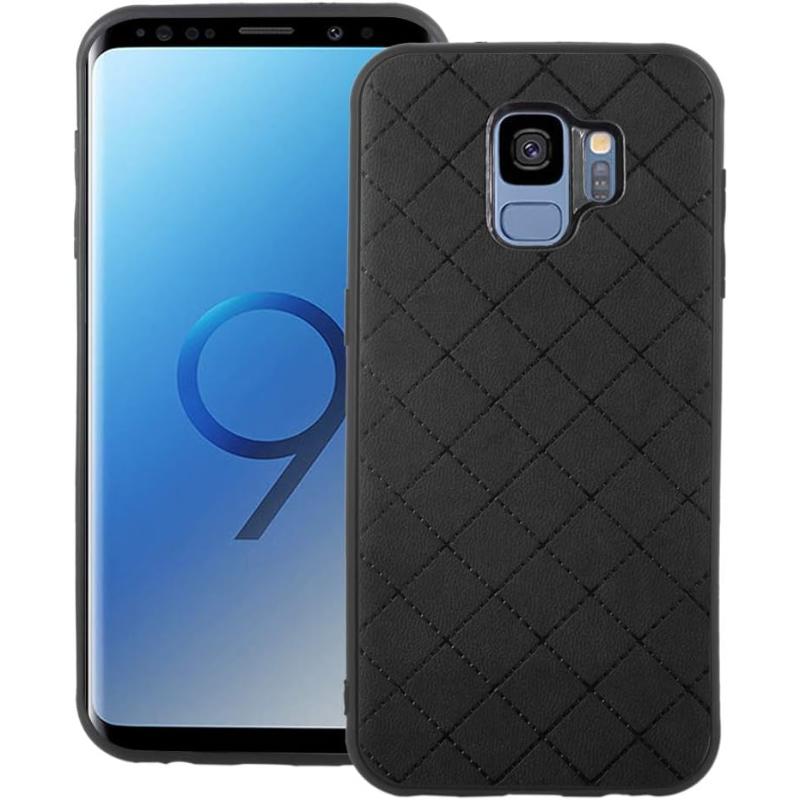 Samsung Galaxy S9 with a black quilted protective case showing the rear camera and fingerprint sensor.