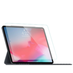 Tablet with a keyboard case and a translucent screen protector hovering above the display suggesting screen protection setup