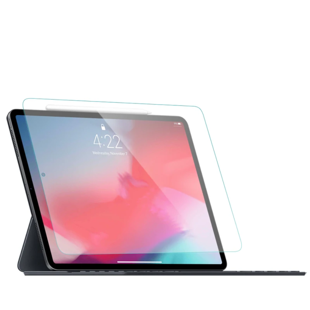 Tablet with a keyboard case and a translucent screen protector hovering above the display, suggesting screen protection setup.