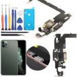iPhone repair toolkit with screwdrivers prying tools a blue replacement screen and iPhone internal components laid out on a white background as part of a repair kit