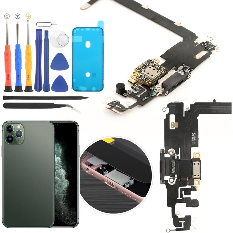 iPhone repair toolkit with screwdrivers, prying tools, a blue replacement screen, and iPhone internal components laid out on a white background as part of a repair kit.
