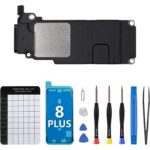 Mobile phone repair toolkit with multiple screwdrivers prying tools SIM tool and accessories arranged around a blue 8 Plus phone case and repair mat