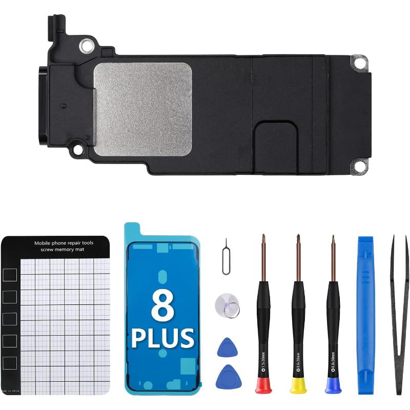 Mobile phone repair toolkit with multiple screwdrivers, prying tools, SIM tool, and accessories arranged around a blue 8 Plus phone case and repair mat.