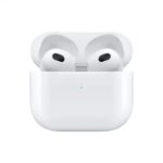 Open white wireless earbud charging case with two earbuds inside small green LED on the front
