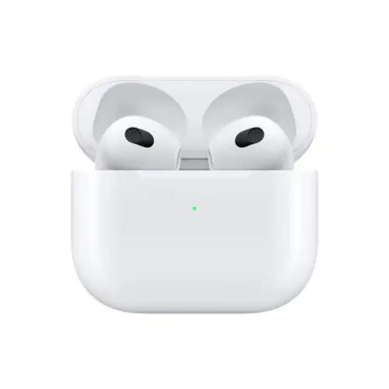 Open white wireless earbud charging case with two earbuds inside; small green LED on the front.