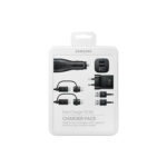 Samsung Fast Charge 15 W charger pack in packaging showing wall and car chargers with USB cables Type C and Micro USB for charging devices