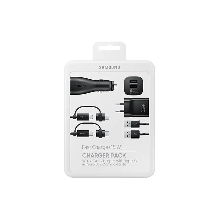 Samsung Fast Charge (15 W) charger pack in packaging showing wall and car chargers with USB cables (Type-C and Micro USB) for charging devices