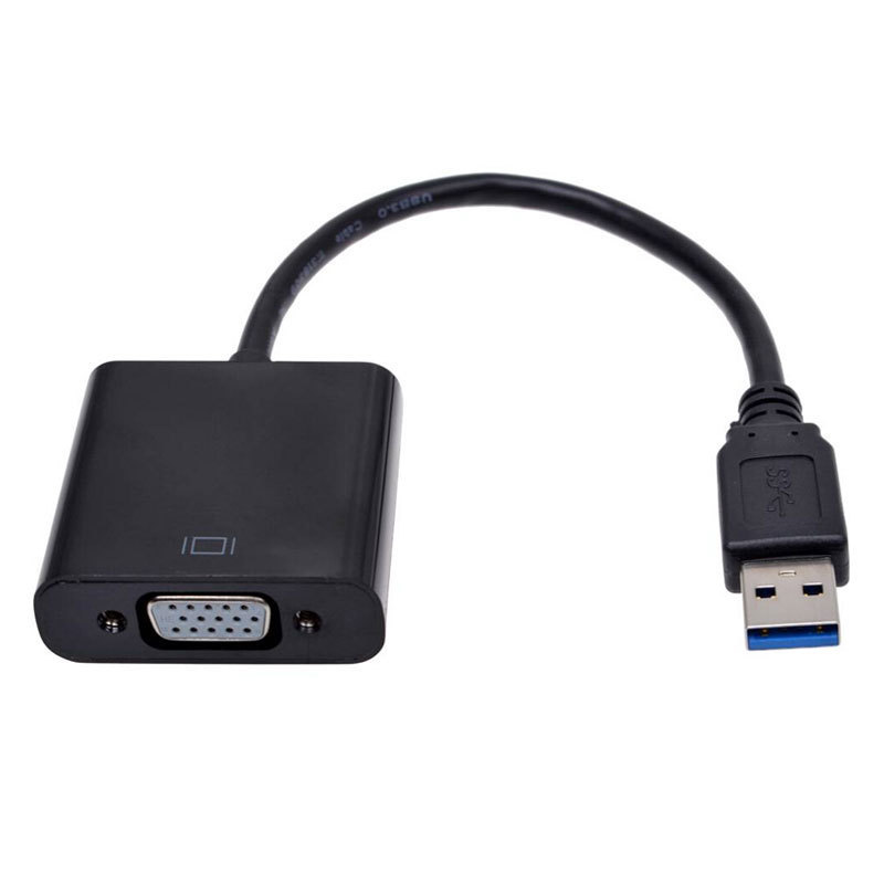 Black USB-to-VGA adapter dongle: USB-A end and a VGA female port on the other side for connecting a monitor to a computer via USB.