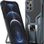 Blue gray rugged smartphone case with built in kickstand around an iPhone with triple camera setup informative product image