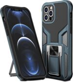 Blue gray rugged smartphone case with built in kickstand around an iPhone with triple camera setup informative product image