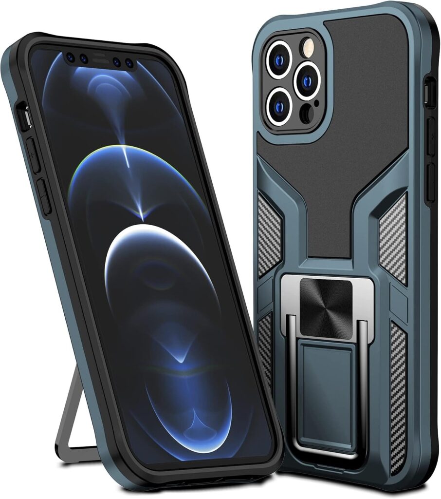 Blue-gray rugged smartphone case with built-in kickstand around an iPhone with triple-camera setup (informative product image).