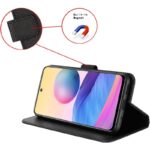 Black folio style phone case showing a built in magnet case folds to create a stand for the phone