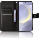 Black textured wallet style phone case opened to show card slots and a phone inside