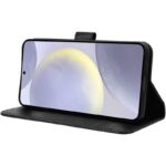 Black wallet style phone case propping up a smartphone in landscape mode for hands free viewing
