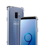 Samsung Galaxy S9 in a clear protective case back view showing camera module and branding
