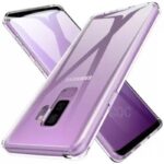 Two purple Samsung Galaxy smartphones with clear protective cases shown from back and front angles logo visible on the back